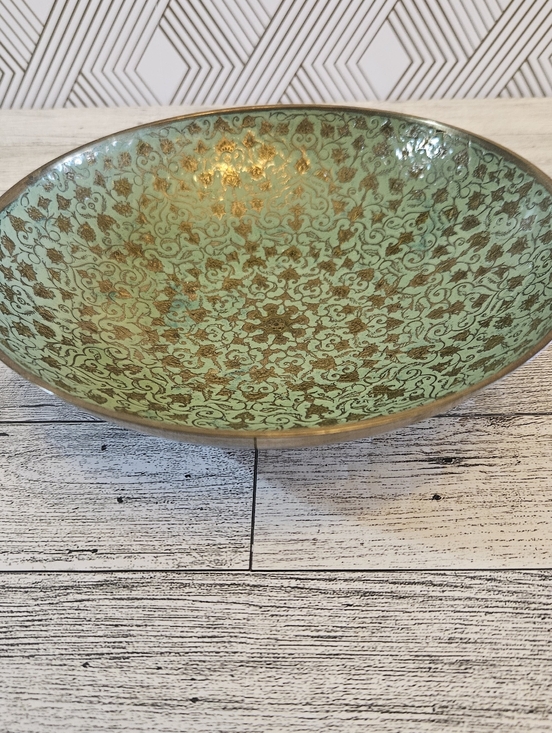 Other - Vintage Solid Brass & Enamel Bowl Pale Green Floral Leaf Design 7 1/2" x 2"